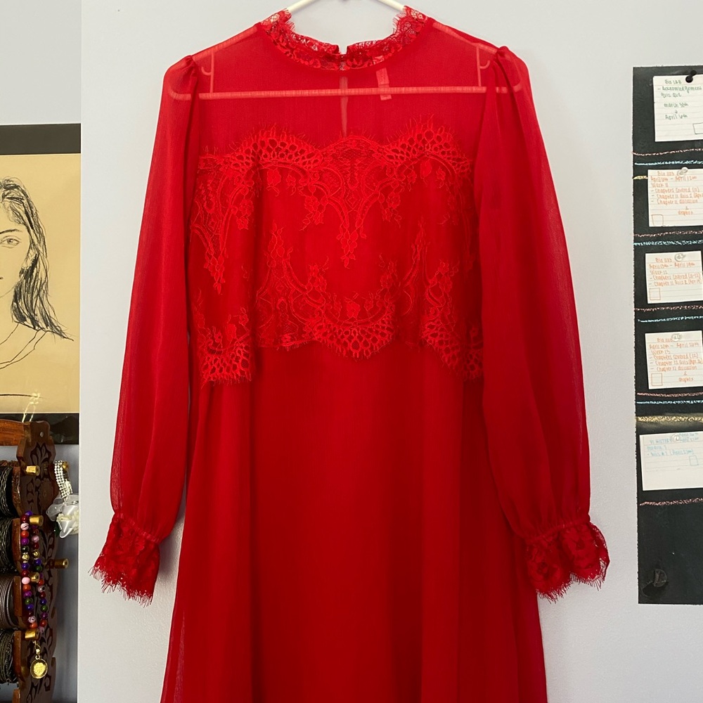 High neck red dress w/ lace details